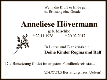 Traueranzeige von Anneliese Hövermann von Uelzen