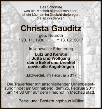 Traueranzeige von Christa Gauditz von Uelzen