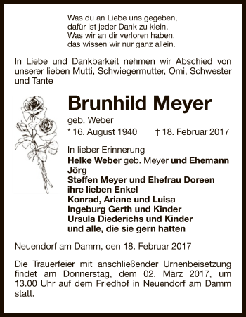 Traueranzeige von Brunhild Meyer von Uelzen