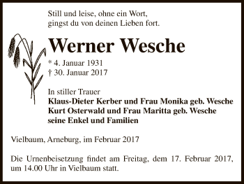 Traueranzeige von Werner Wesche von Uelzen