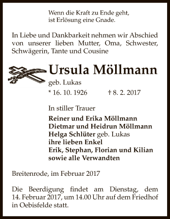 Traueranzeige von Ursula Möllmann von Uelzen