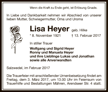 Traueranzeige von Lisa Heyer von Uelzen