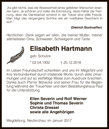 Traueranzeige von Elisabeth Hartmann von Uelzen