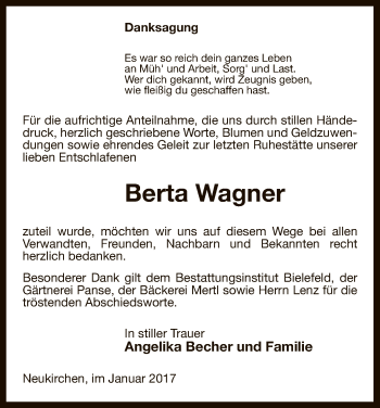 Traueranzeige von Berta Wagner von Uelzen