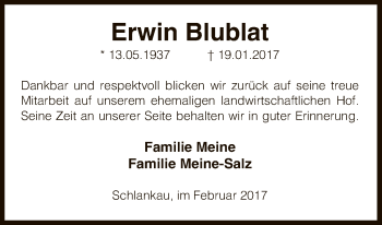 Traueranzeige von Erwin Blublat von Uelzen