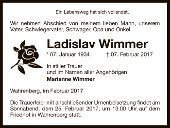 Traueranzeige von Ladislav Wimmer von Uelzen