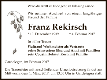 Traueranzeige von Franz Rekirsch von Uelzen