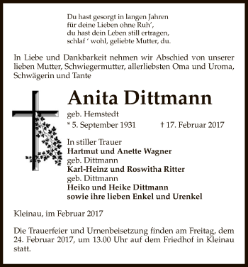 Traueranzeige von Anita Dittmann von Uelzen