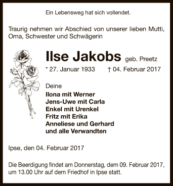 Traueranzeige von Ilse Jakobs von Uelzen