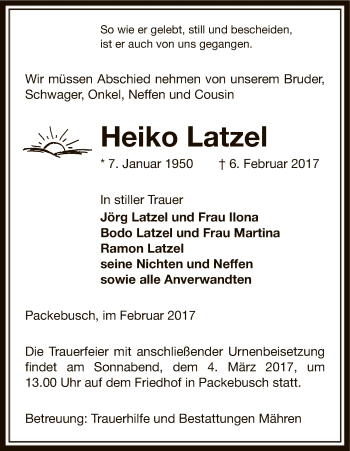 Traueranzeige von Heiko Latzel von Uelzen