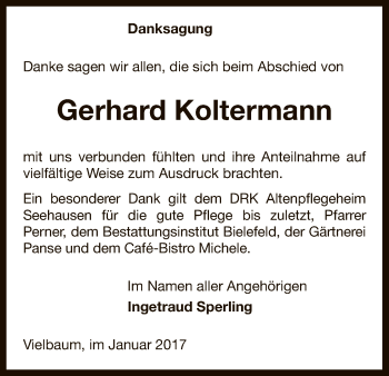 Traueranzeige von Gerhard Koltermann von Uelzen