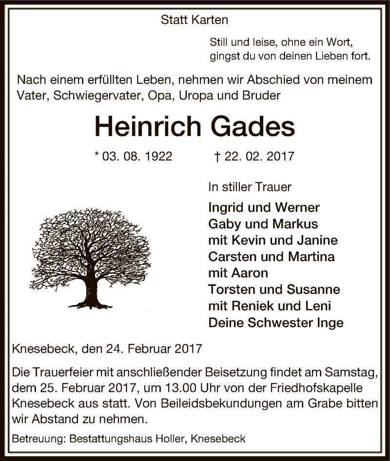  Traueranzeige für Heinrich Gades vom 24.02.2017 aus Uelzen