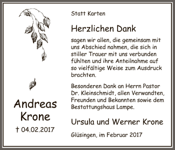 Traueranzeige von Andreas Krone von Uelzen