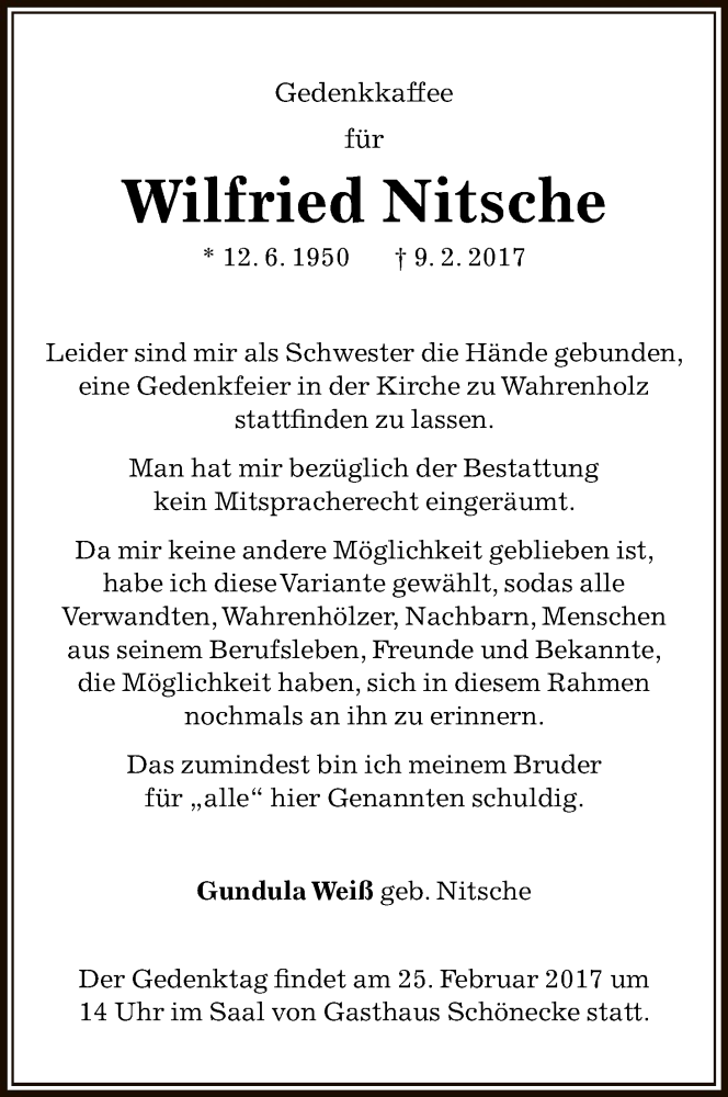  Traueranzeige für Wilfried Nitsche vom 21.02.2017 aus Uelzen