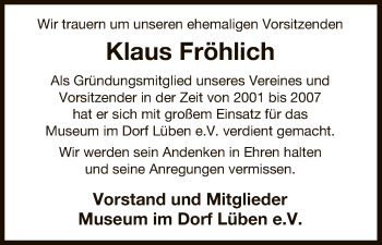 Traueranzeige von Klaus Fröhlich von Uelzen