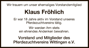 Traueranzeige von Klaus Fröhlich von Uelzen