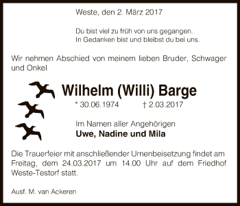 Traueranzeige von Wilhelm  Barge von Uelzen