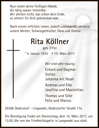 Traueranzeige von Rita Köllner von Uelzen