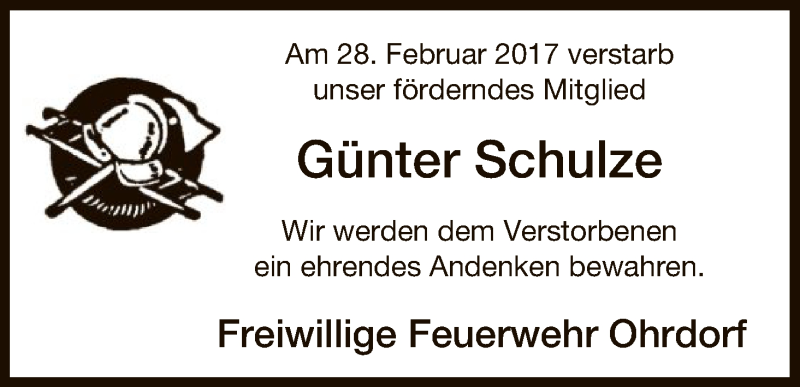  Traueranzeige für Günter Schulze vom 25.03.2017 aus Uelzen