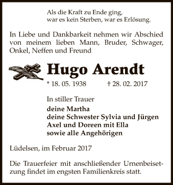 Traueranzeige von Hugo Arendt von Uelzen