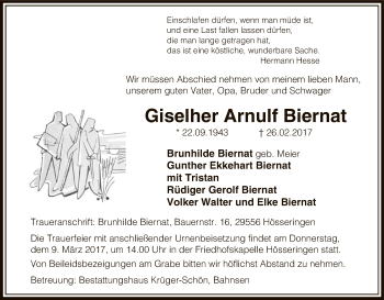 Traueranzeige von Giselher Arnulf Biernat von Uelzen