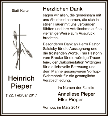 Traueranzeige von Heinrich Pieper von Uelzen