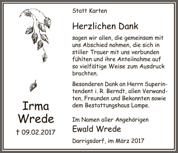 Traueranzeige von Irma Wrede von Uelzen