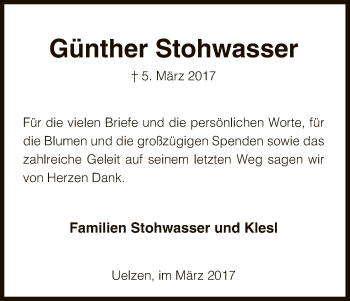 Traueranzeige von Günther Stohwasser von Uelzen