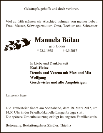 Traueranzeige von Manuela Bülau von Uelzen