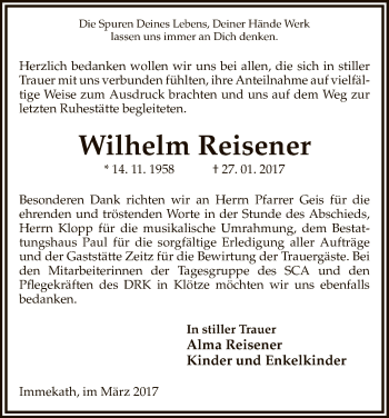 Traueranzeige von Wilhelm Reisener von Uelzen