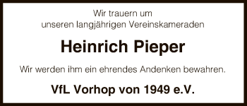 Traueranzeige von Heinrich Pieper von Uelzen