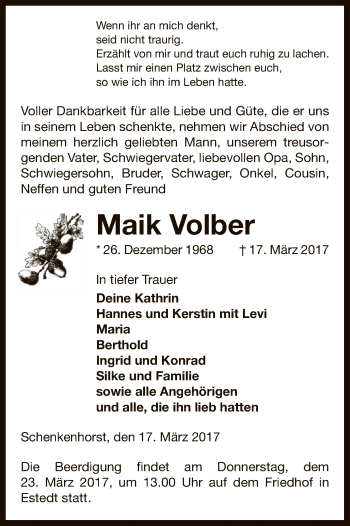 Traueranzeige von Maik Volber von Uelzen