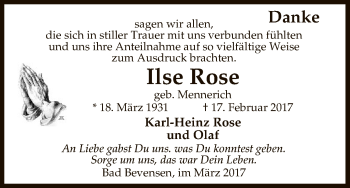 Traueranzeige von Ilse Rose von Uelzen