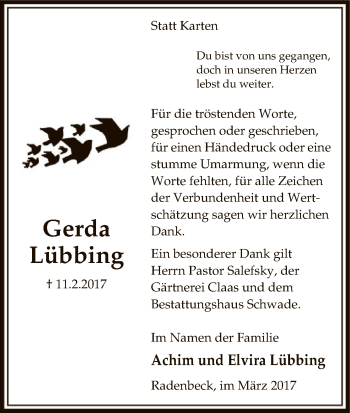 Traueranzeige von Gerda Lübbing von Uelzen