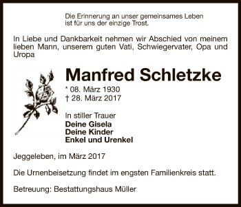 Traueranzeige von Manfred Schletzke von Uelzen