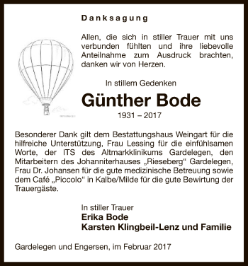 Traueranzeige von Günther Bode von Uelzen