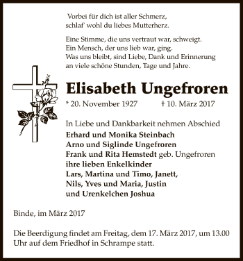 Traueranzeige von Elisabeth Ungefroren von Uelzen