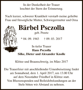 Traueranzeige von Bärbel Psczolla von Uelzen