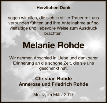 Traueranzeige von Melanie Rohde von Uelzen