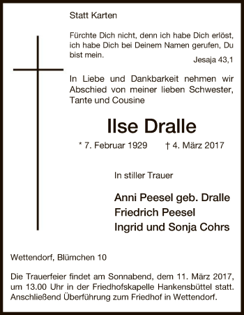 Traueranzeige von Ilse Dralle von Uelzen