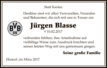 Traueranzeige von Jürgen Blasse von Uelzen