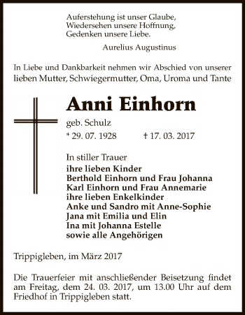 Traueranzeige von Anni Einhorn von Uelzen