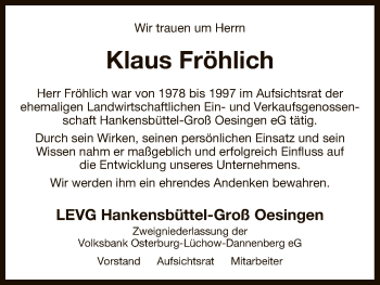 Traueranzeige von Klaus Fröhlich von Uelzen