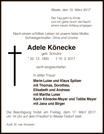 Traueranzeige von Adele Könecke von Uelzen