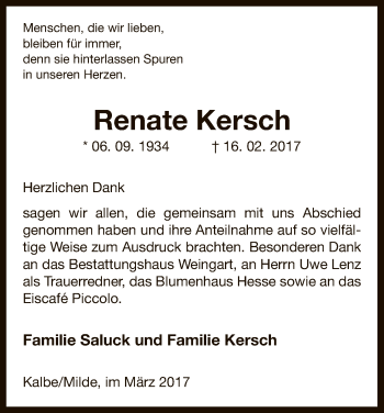 Traueranzeige von Renate Kersch von Uelzen