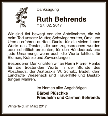 Traueranzeige von Ruth Behrends von Uelzen