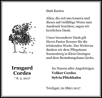 Traueranzeige von Irmgard Cordes von Uelzen