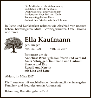 Traueranzeige von Ella Kaufmann von Uelzen