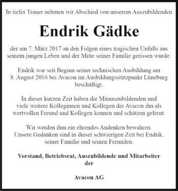 Traueranzeige von Endrik Gädke von Uelzen