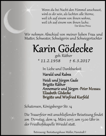 Traueranzeige von Karin Gödecke von Uelzen